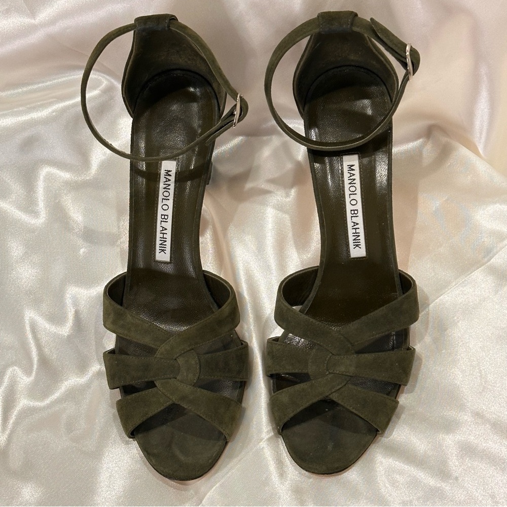 Manolo Blahnik Olive Green Suede Strappy Ankle‑Tie Heels